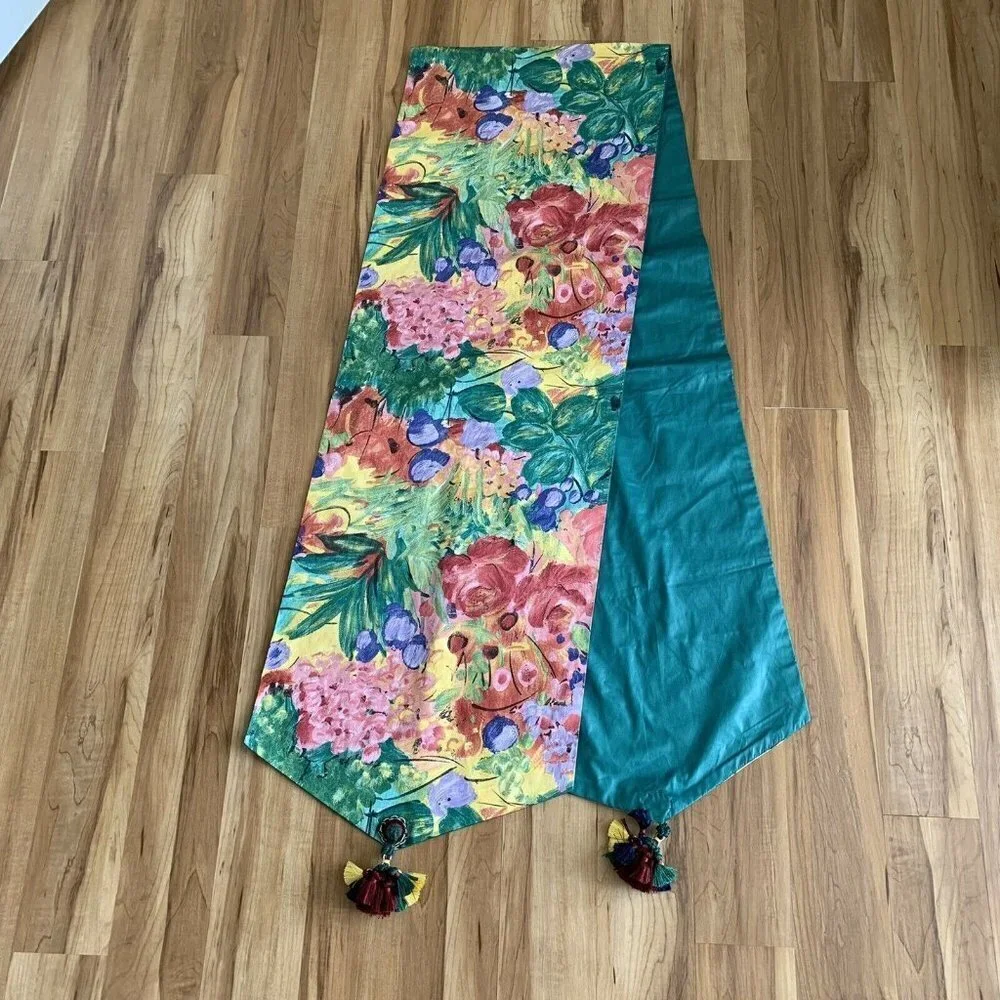 Table Runner Watercolor Floral Tassels 106” by 18” Canvas Texture Colorful